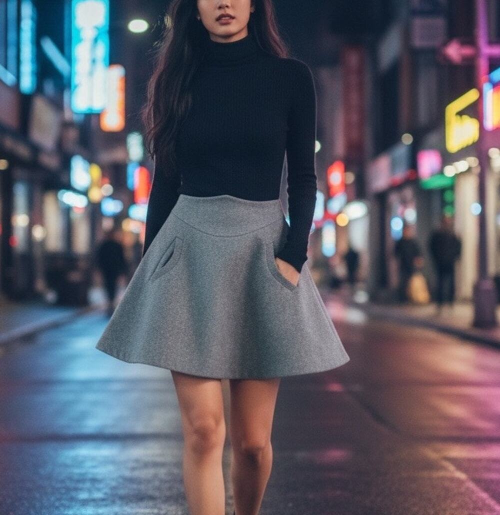Schoolgirl Gray Mini Circle Skirt XS K-pop Pockets Skater Felt